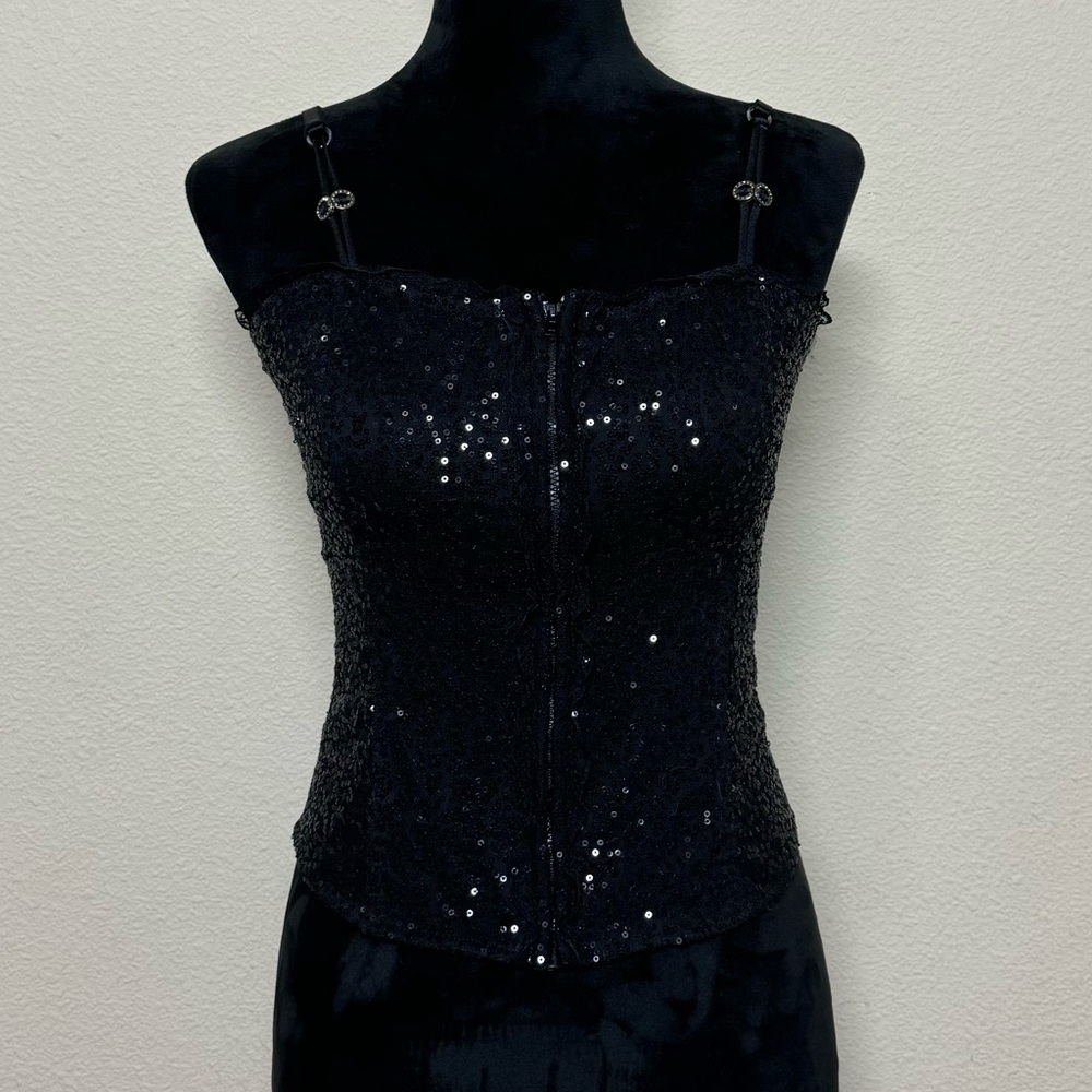 T&T top women medium cotton blend sequin zipper spaghetti strap tank black